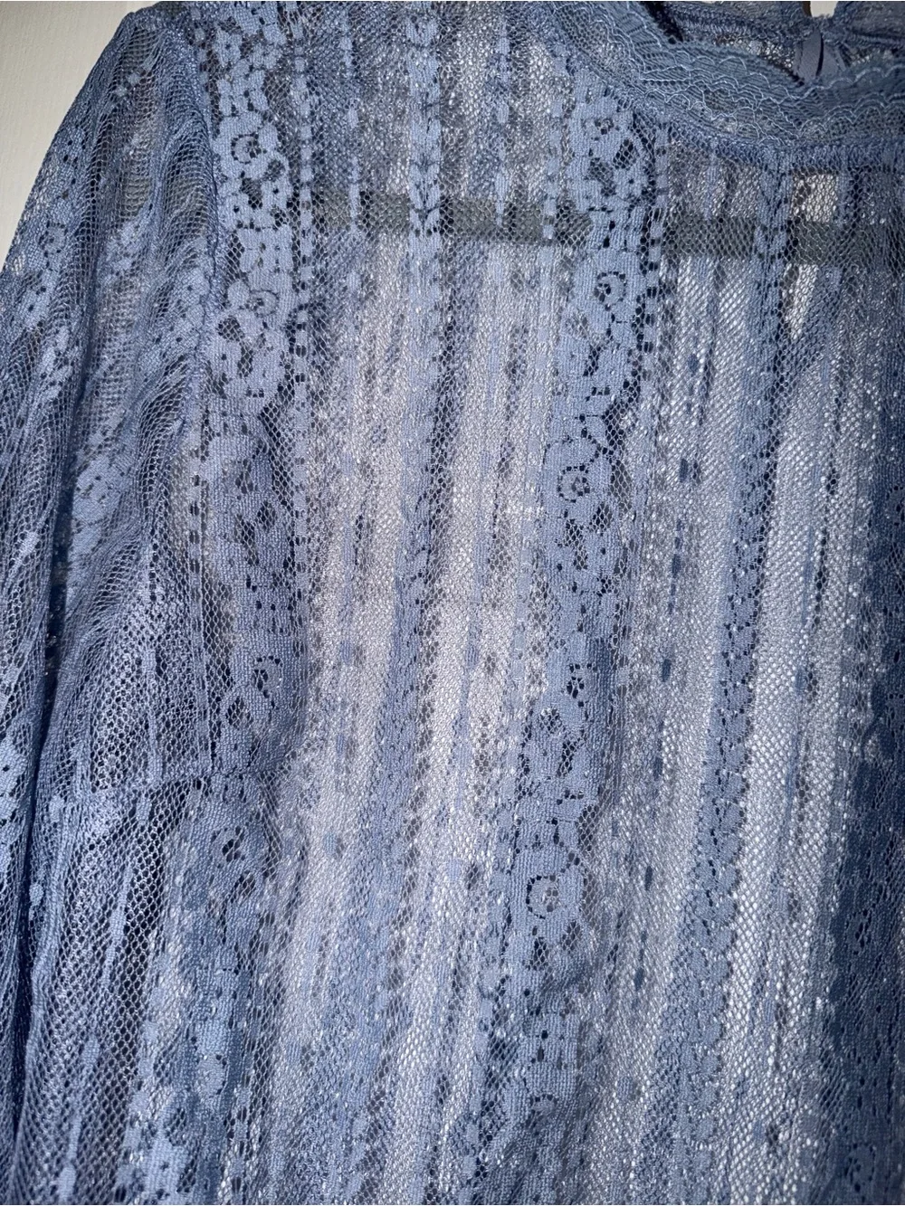 H&M Dusty Blue Lace Sheer Long-Sleeve Blouse Flared Sleeves